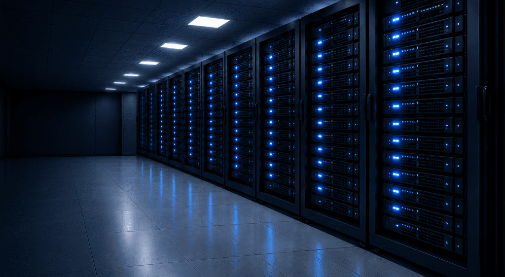 Rows of server racks with blue lights
